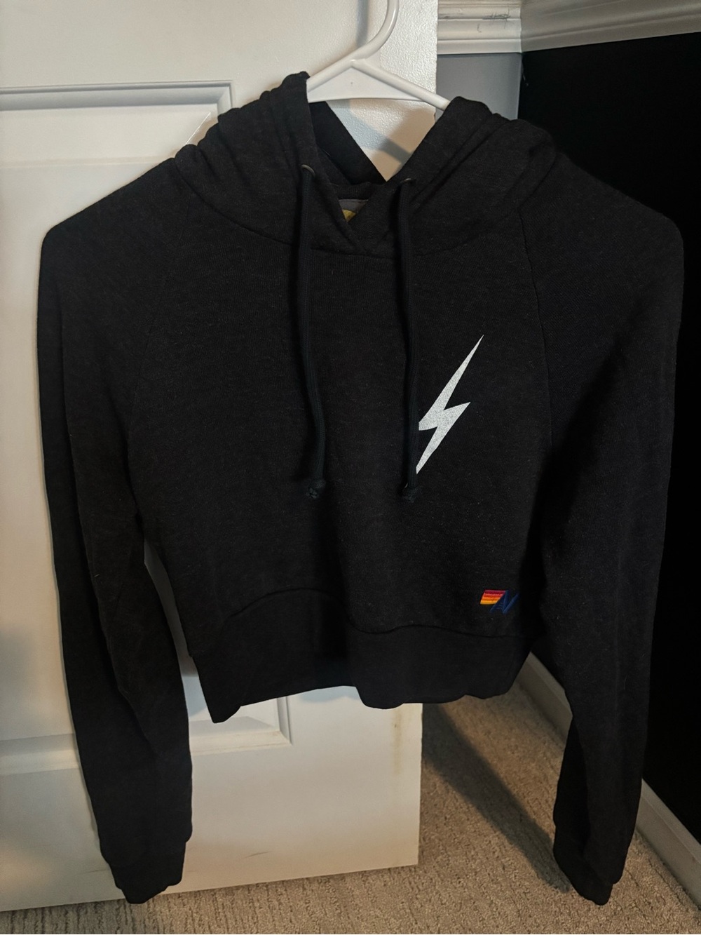 Aviator Nation Black Cropped Hoodie with Lightning Graphic